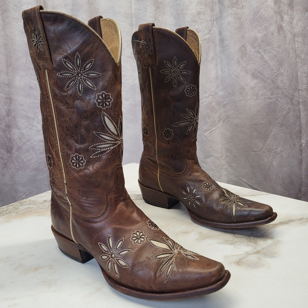 Shyanne Daisy Mae Western Cowboy Boots Flower Inlay Women's Size 7 B Brown